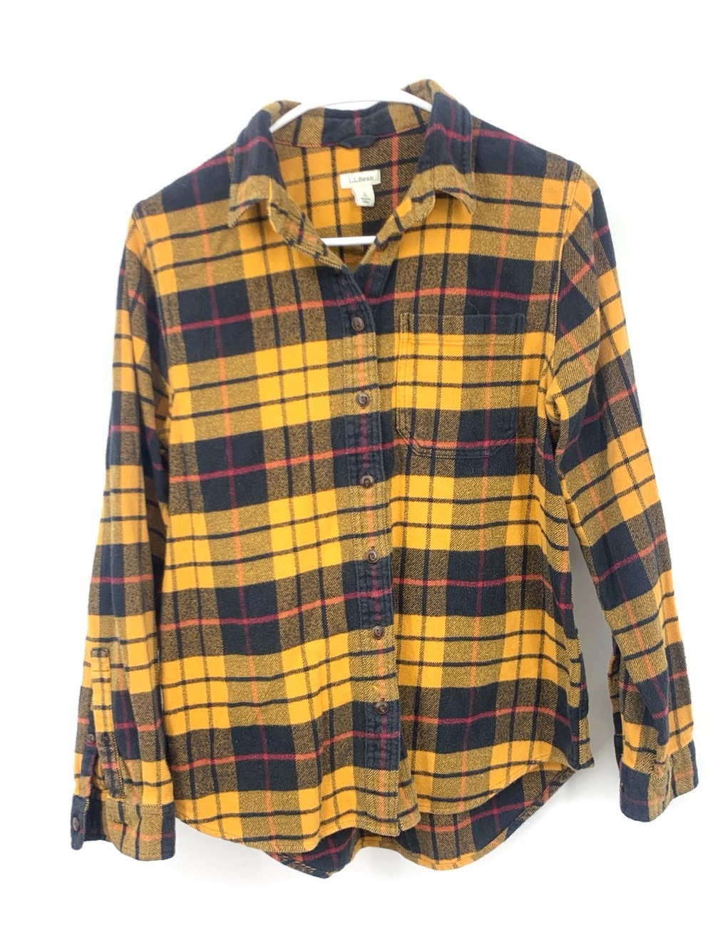 LL Bean Women Size Small Shirt Yellow Button Down Top Flannel Organic Cotton